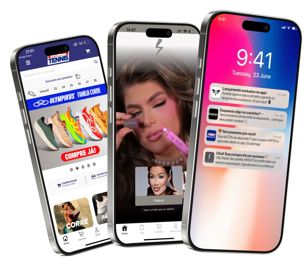 App Converta em três smartphones mostrando home, conteúdo em vídeo e notificações push