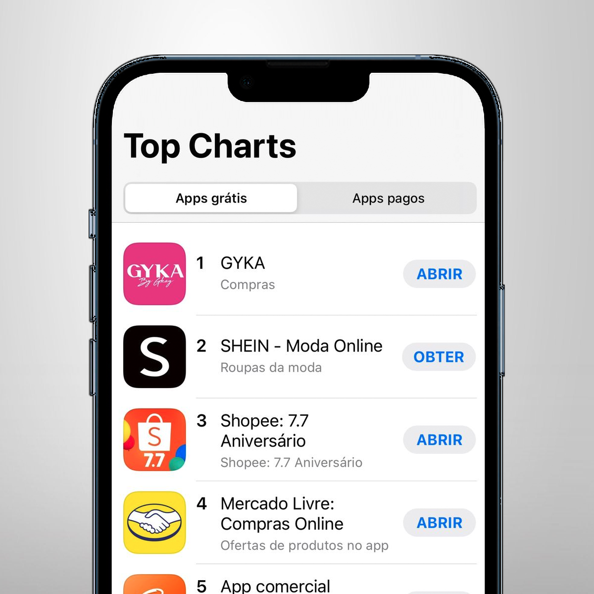 Top Charts da App Store Brasil — Gyka em #1, à frente de Shein, Shopee, Mercado Livre, Alibaba, Americanas e OLX