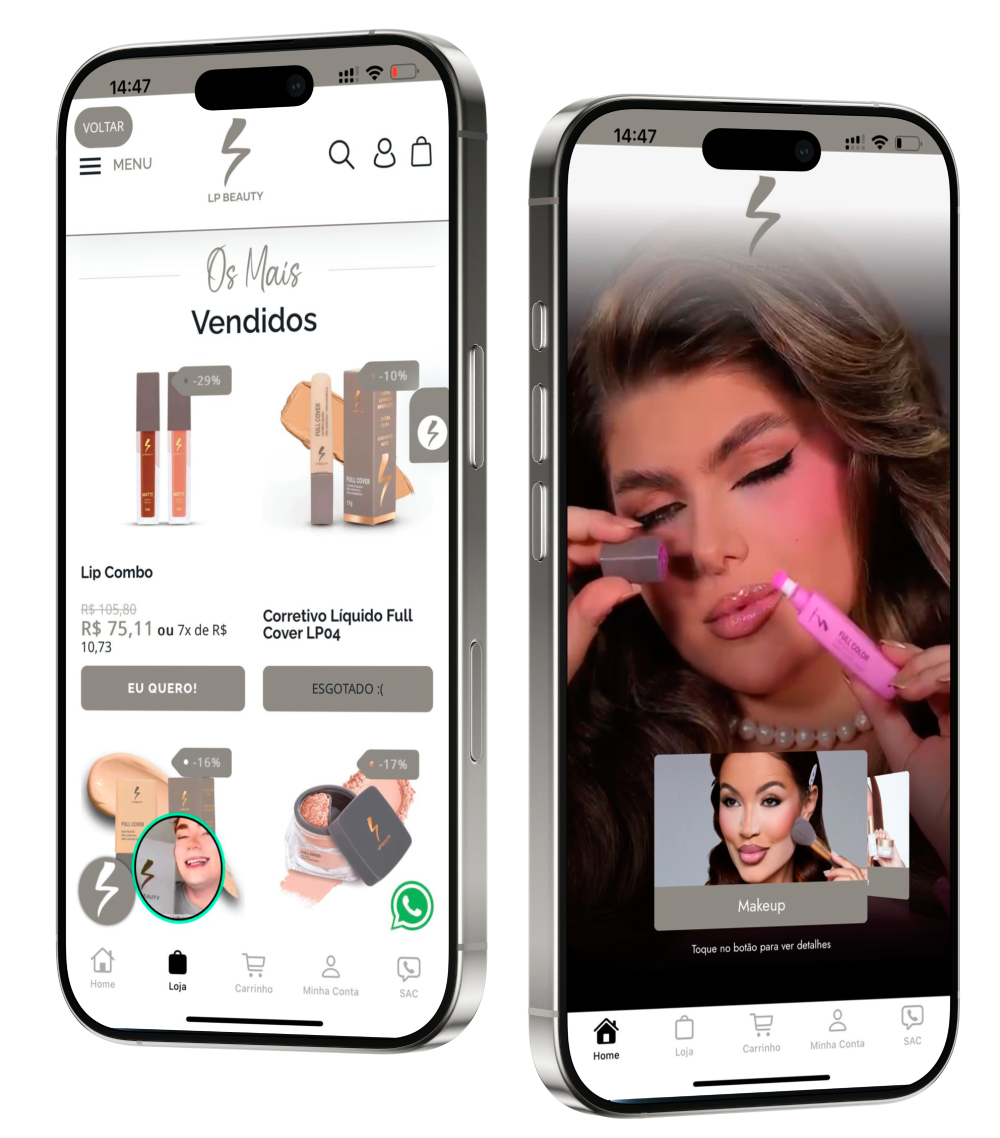 App LP Beauty em iPhone — home e vídeo de produto