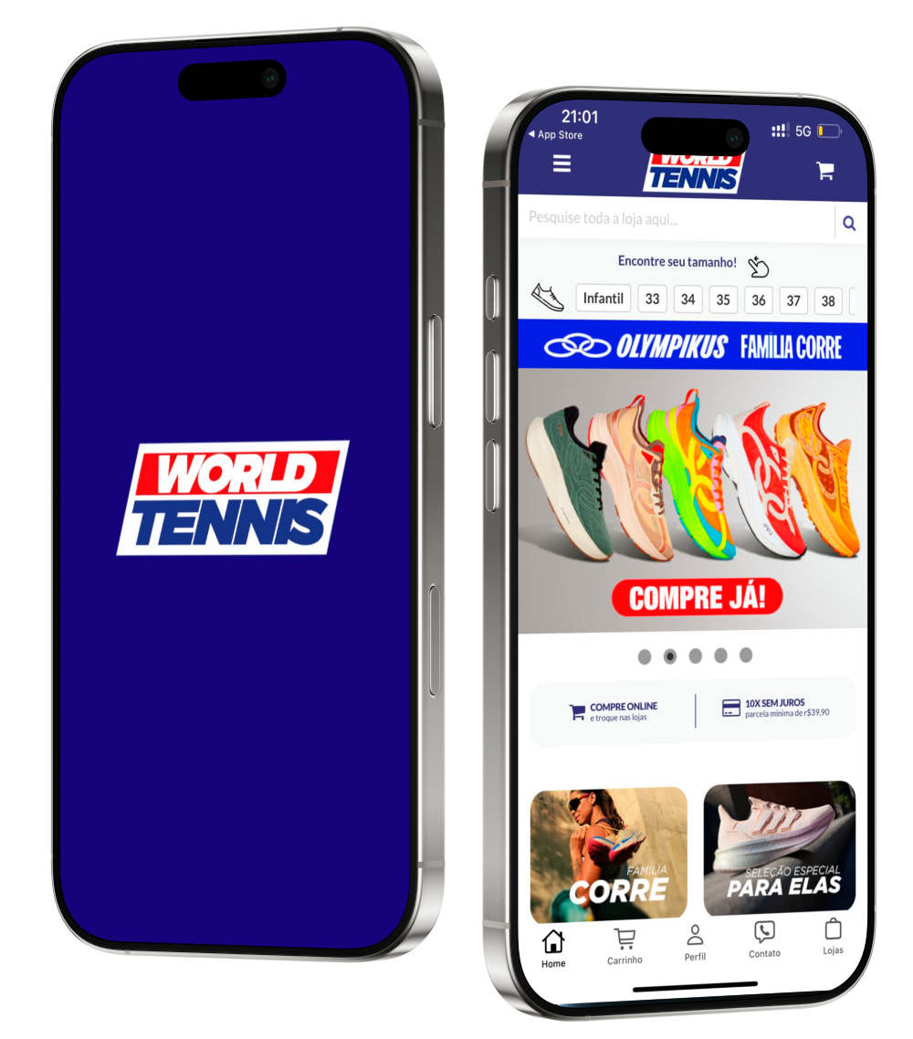 App da World Tennis em dois iPhones — splash com logo e home da loja
